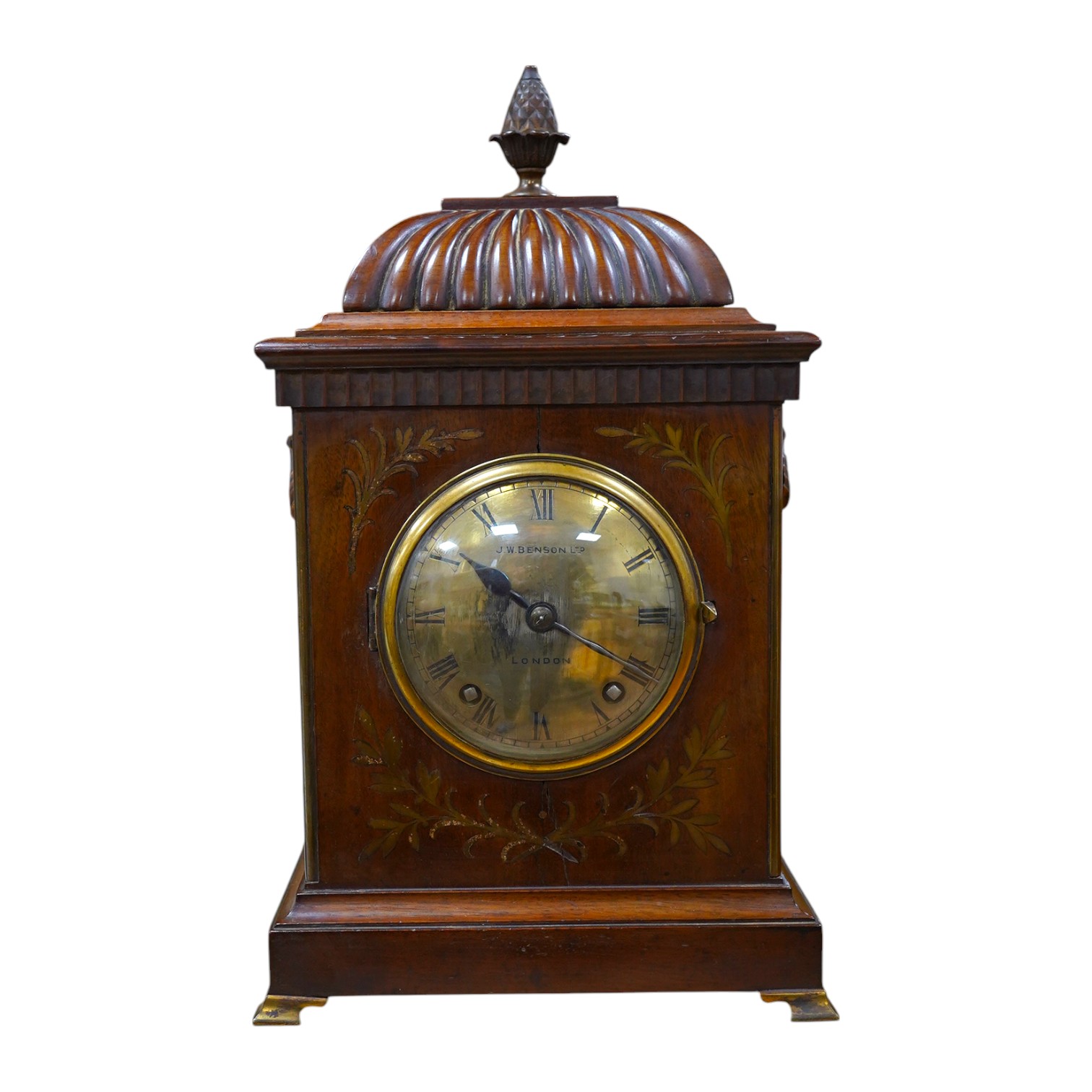 An early 20th century mantel clock, the dial inscribed J W Benson Ltd, London, with pendulum and key, 41cm high. Condition - fair, untested